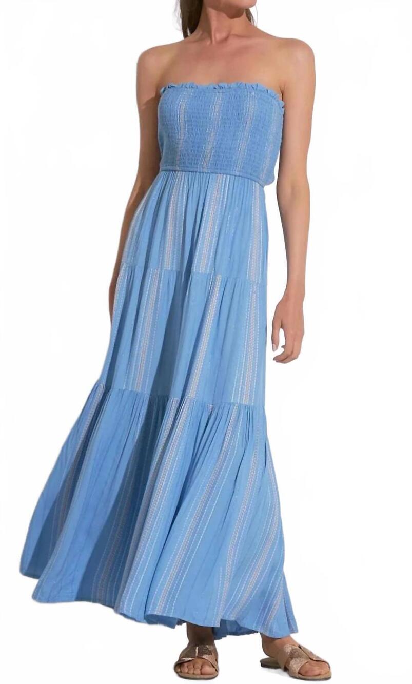 NEW ELAN aria strapless midi dress in blue lilac stripe